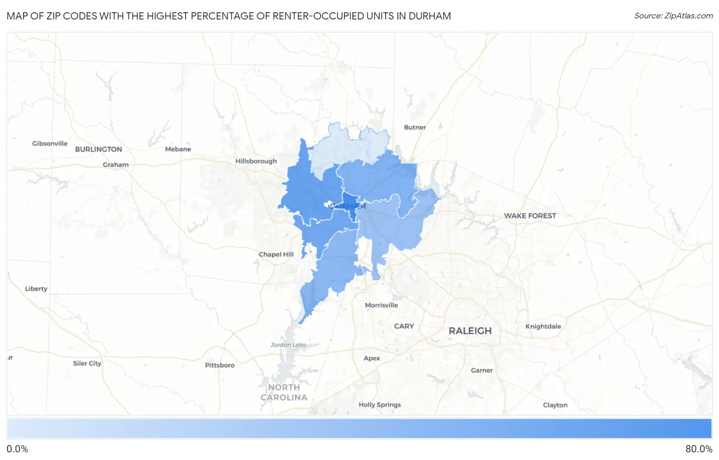 Zip Codes with the Highest Percentage of Renter-Occupied Units in Durham Map