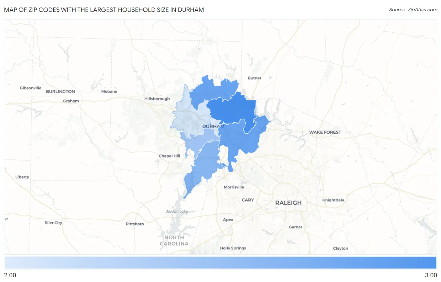 Zip Codes with the Largest Household Size in Durham Map