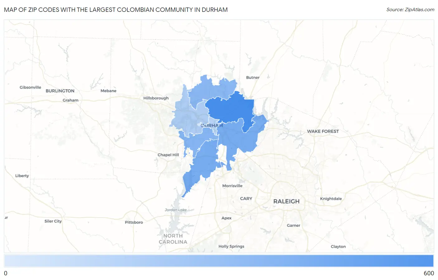 Zip Codes with the Largest Colombian Community in Durham Map