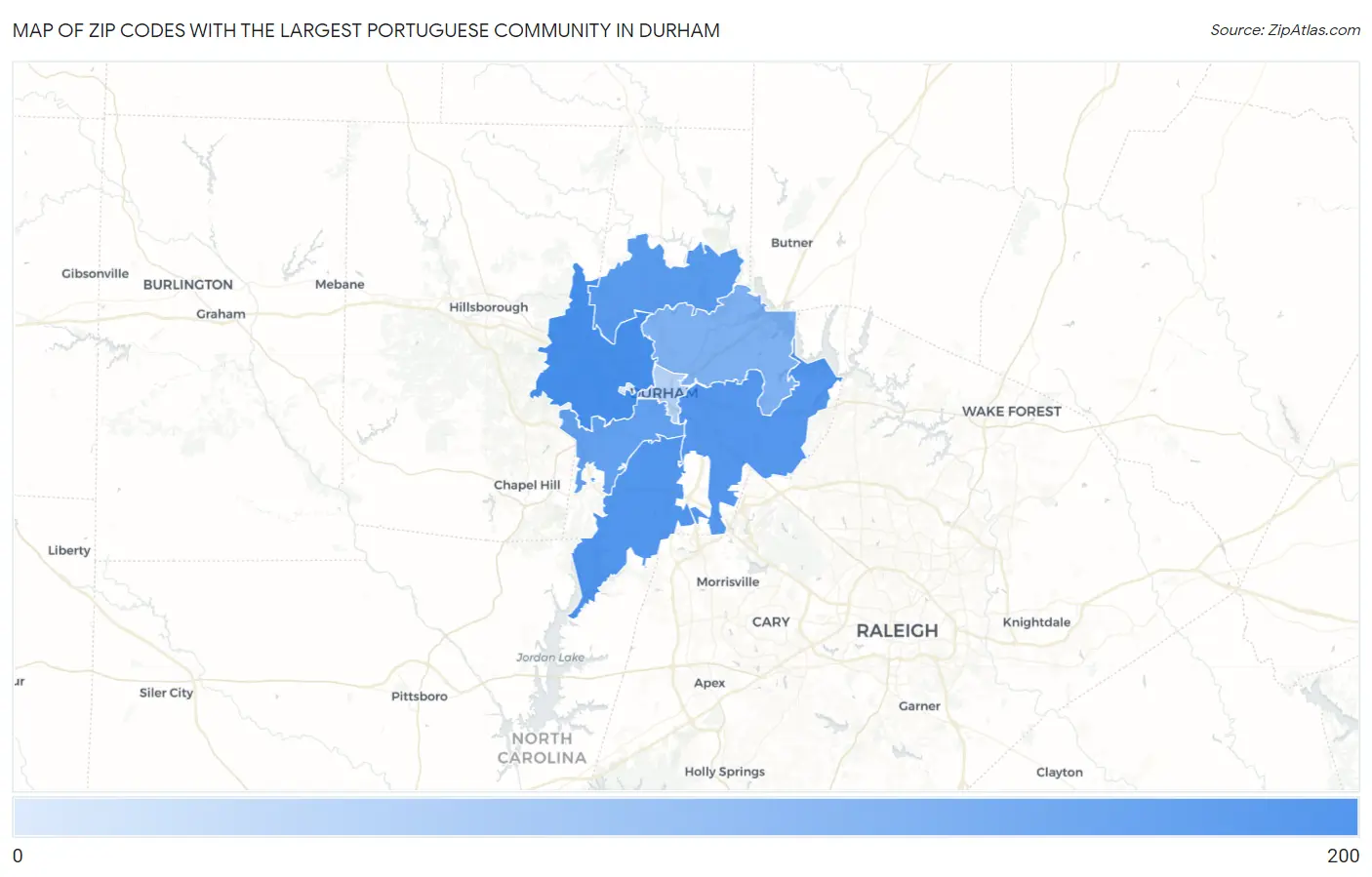 Zip Codes with the Largest Portuguese Community in Durham Map