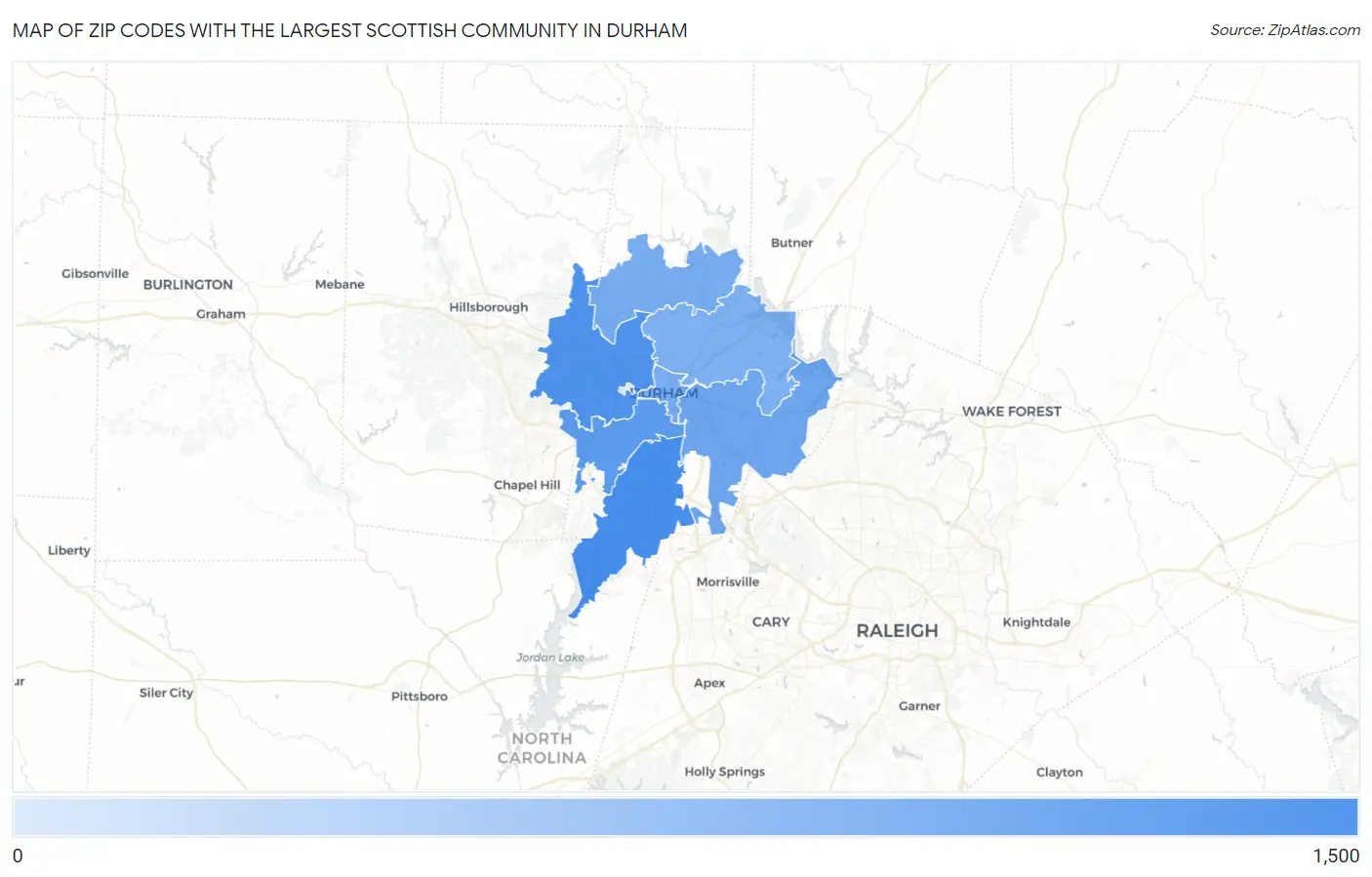 Zip Codes with the Largest Scottish Community in Durham Map