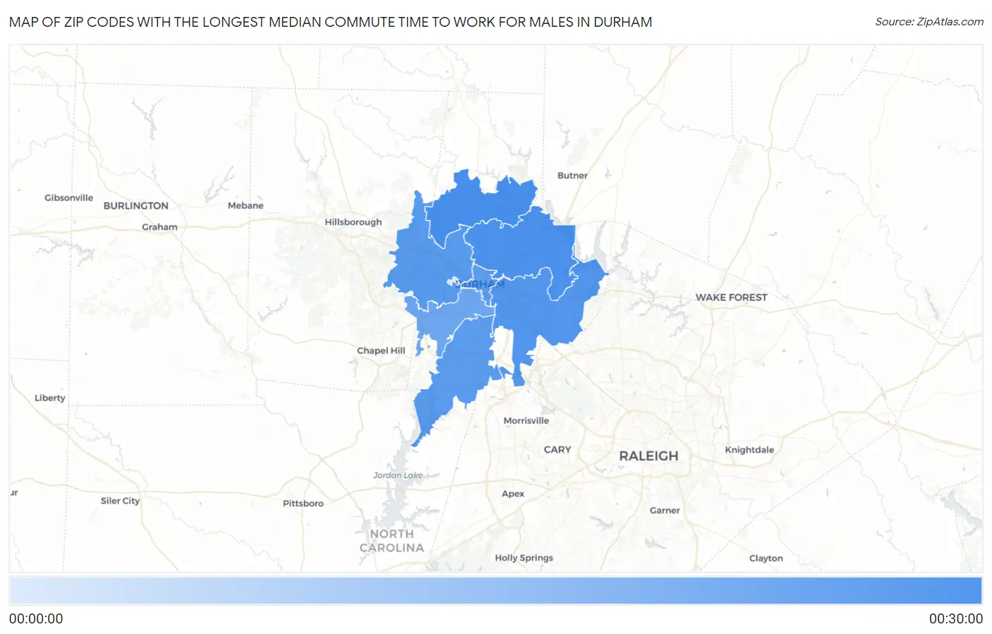 Zip Codes with the Longest Median Commute Time to Work for Males in Durham Map