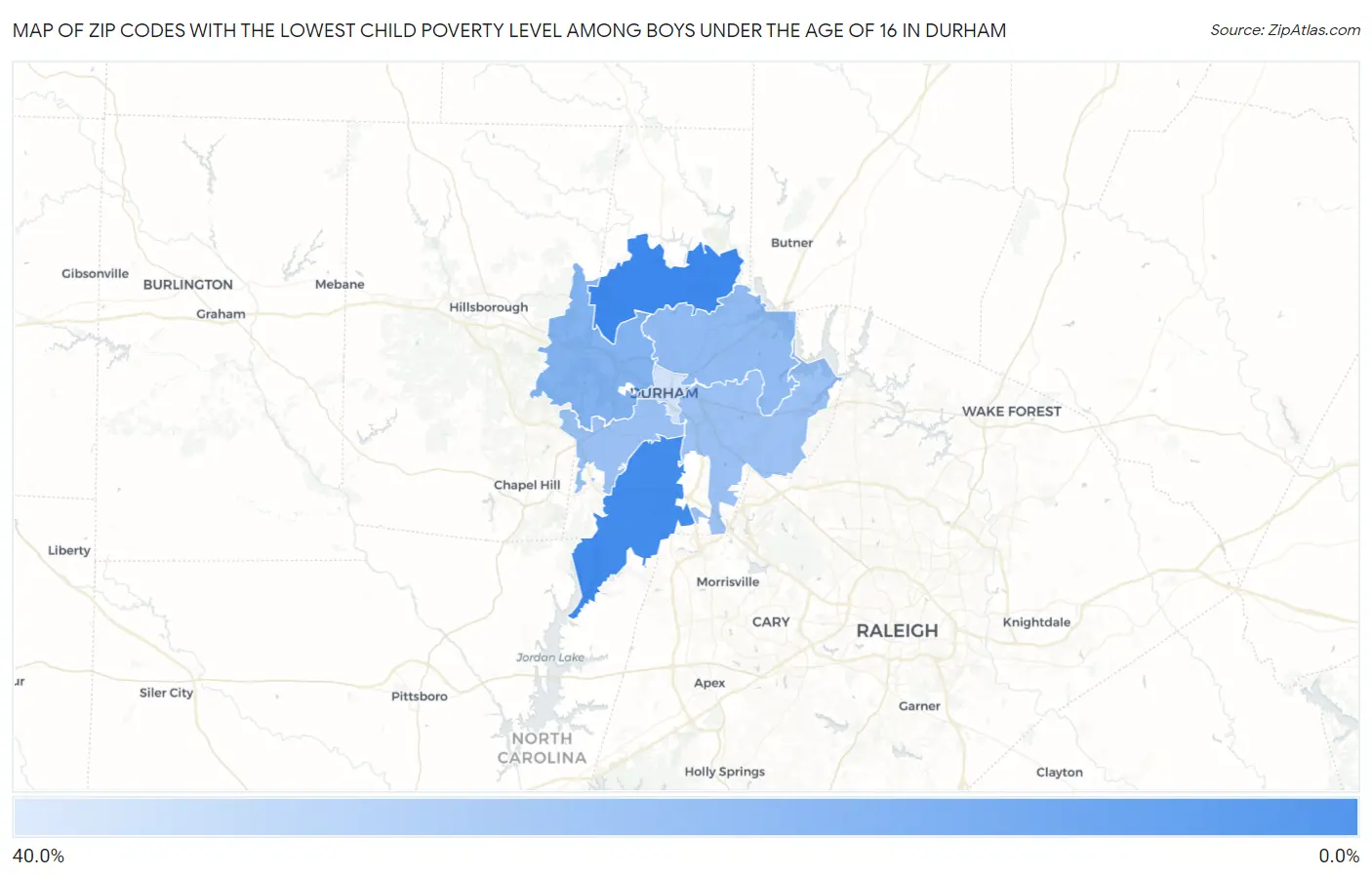 Zip Codes with the Lowest Child Poverty Level Among Boys Under the Age of 16 in Durham Map