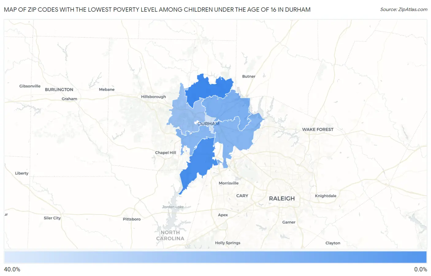 Zip Codes with the Lowest Poverty Level Among Children Under the Age of 16 in Durham Map