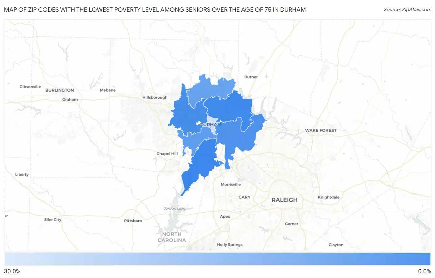 Zip Codes with the Lowest Poverty Level Among Seniors Over the Age of 75 in Durham Map