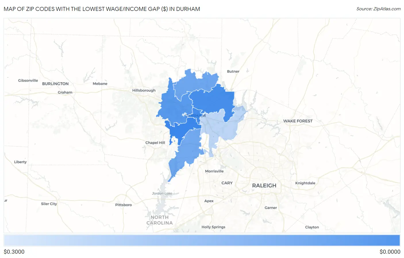 Zip Codes with the Lowest Wage/Income Gap ($) in Durham Map