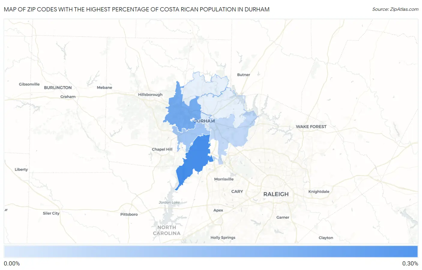 Zip Codes with the Highest Percentage of Costa Rican Population in Durham Map