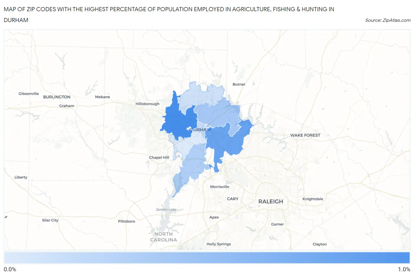 Zip Codes with the Highest Percentage of Population Employed in Agriculture, Fishing & Hunting in Durham Map