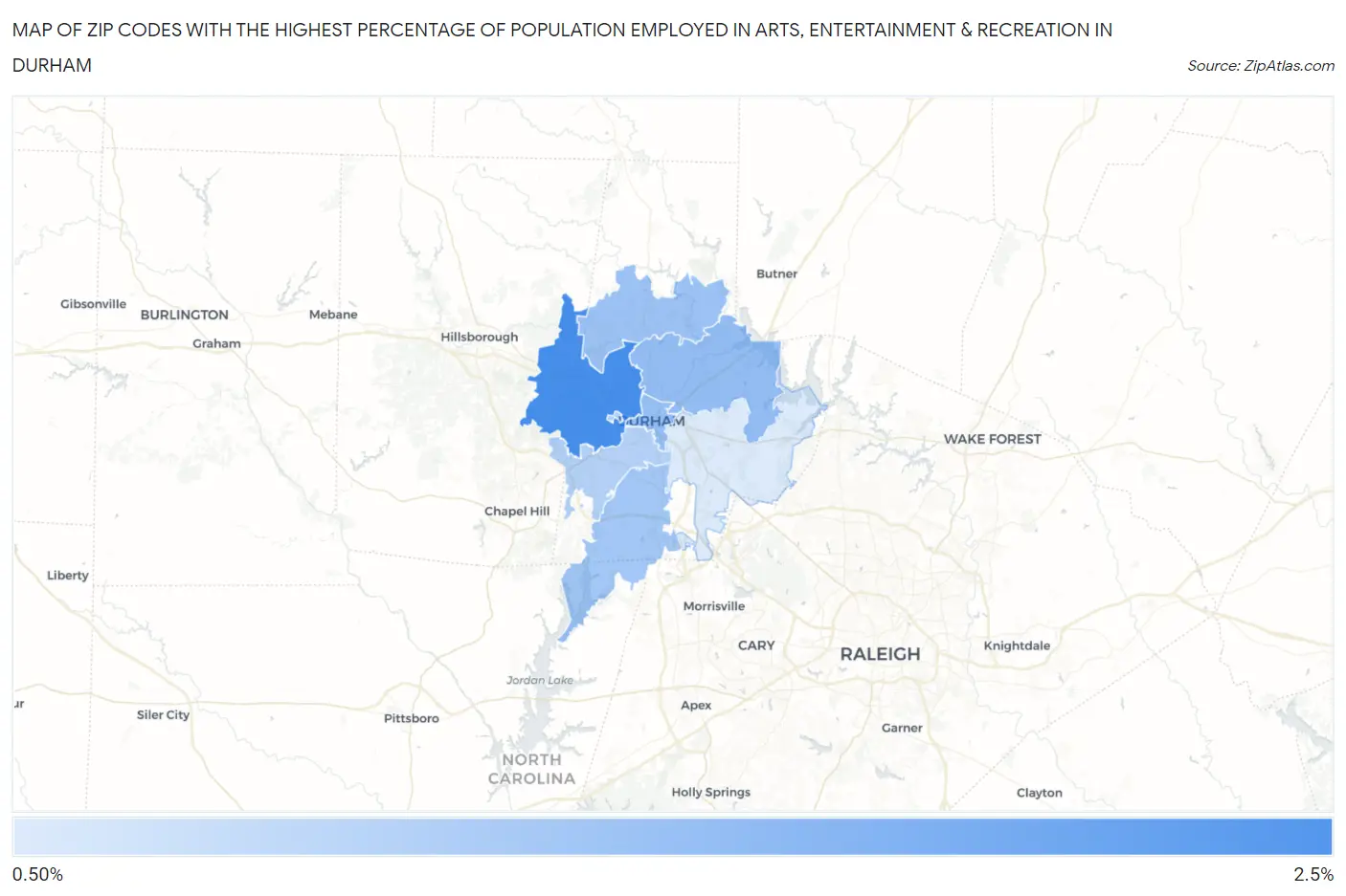 Zip Codes with the Highest Percentage of Population Employed in Arts, Entertainment & Recreation in Durham Map