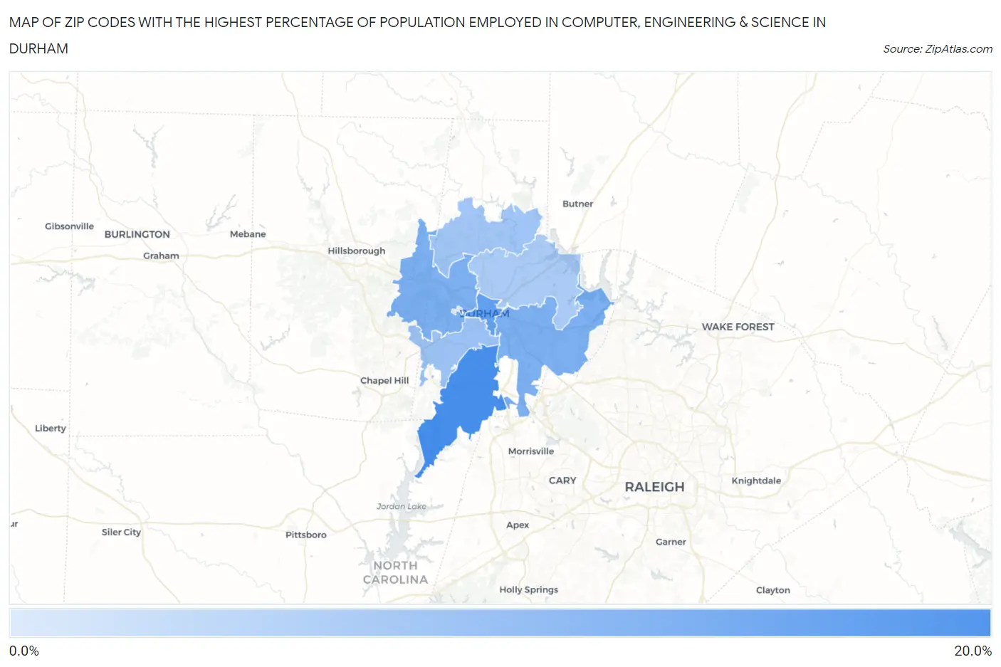 Zip Codes with the Highest Percentage of Population Employed in Computer, Engineering & Science in Durham Map