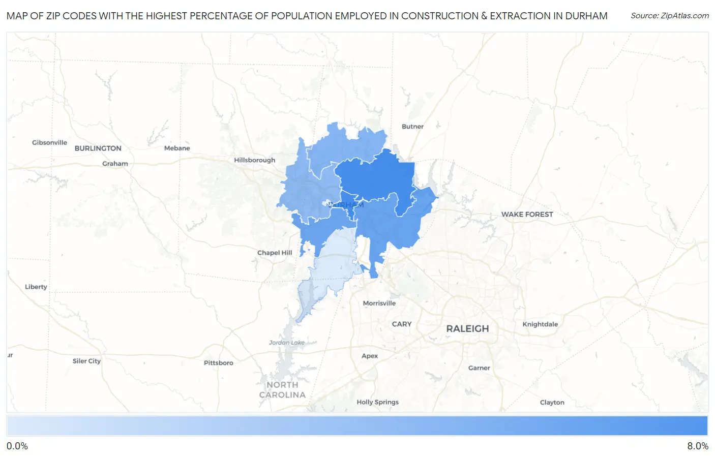 Zip Codes with the Highest Percentage of Population Employed in Construction & Extraction in Durham Map