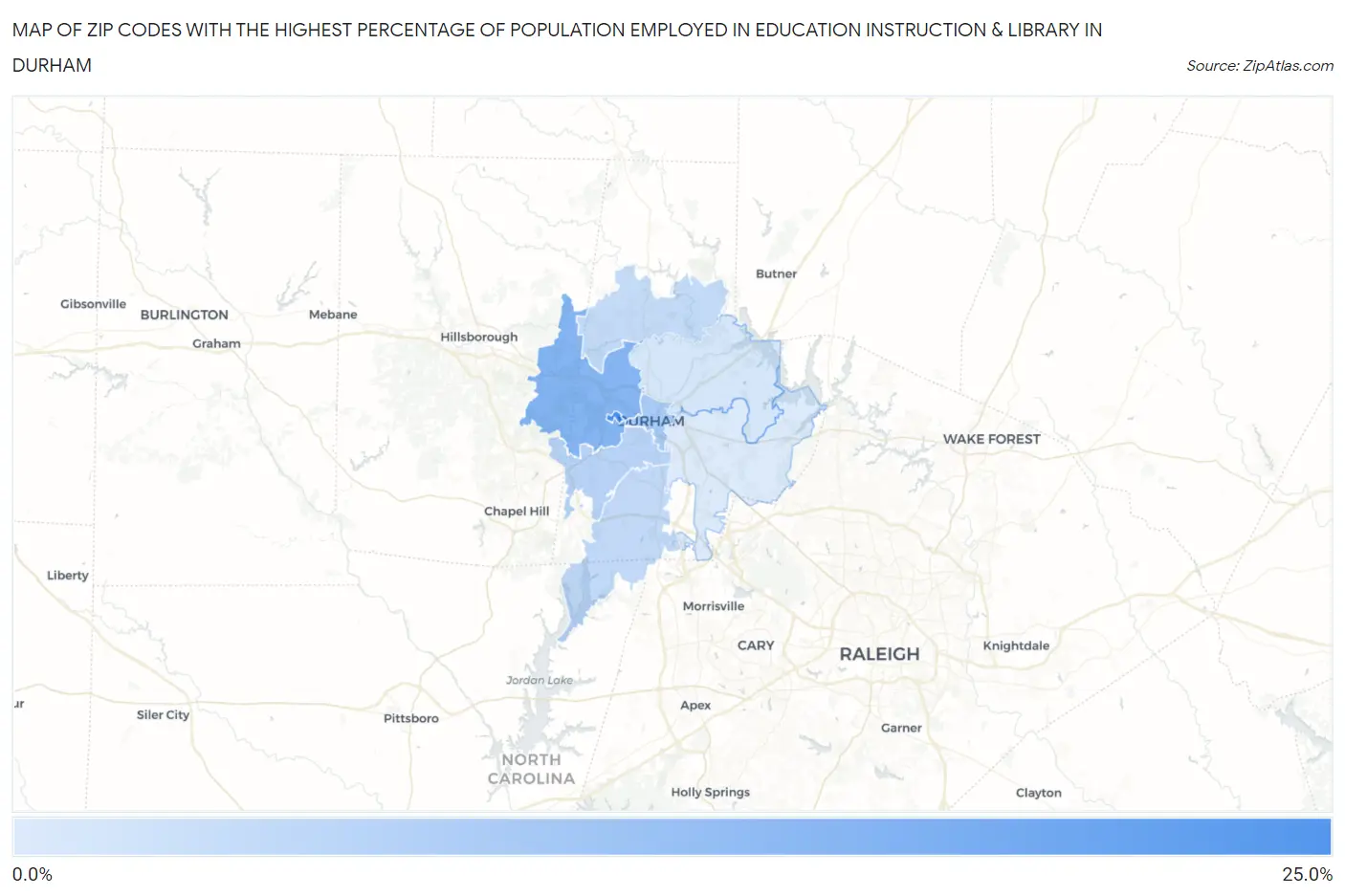 Zip Codes with the Highest Percentage of Population Employed in Education Instruction & Library in Durham Map