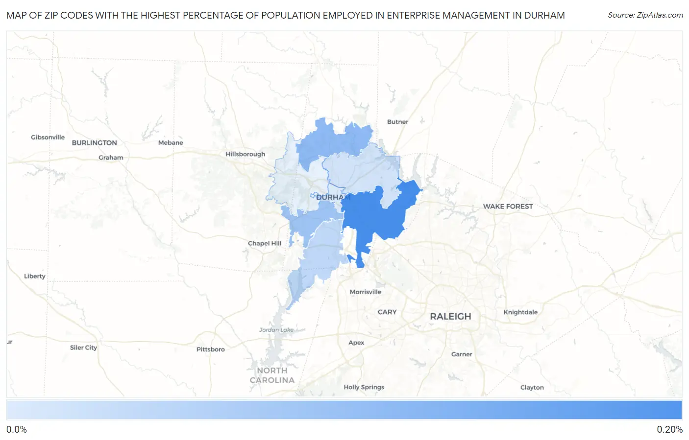 Zip Codes with the Highest Percentage of Population Employed in Enterprise Management in Durham Map