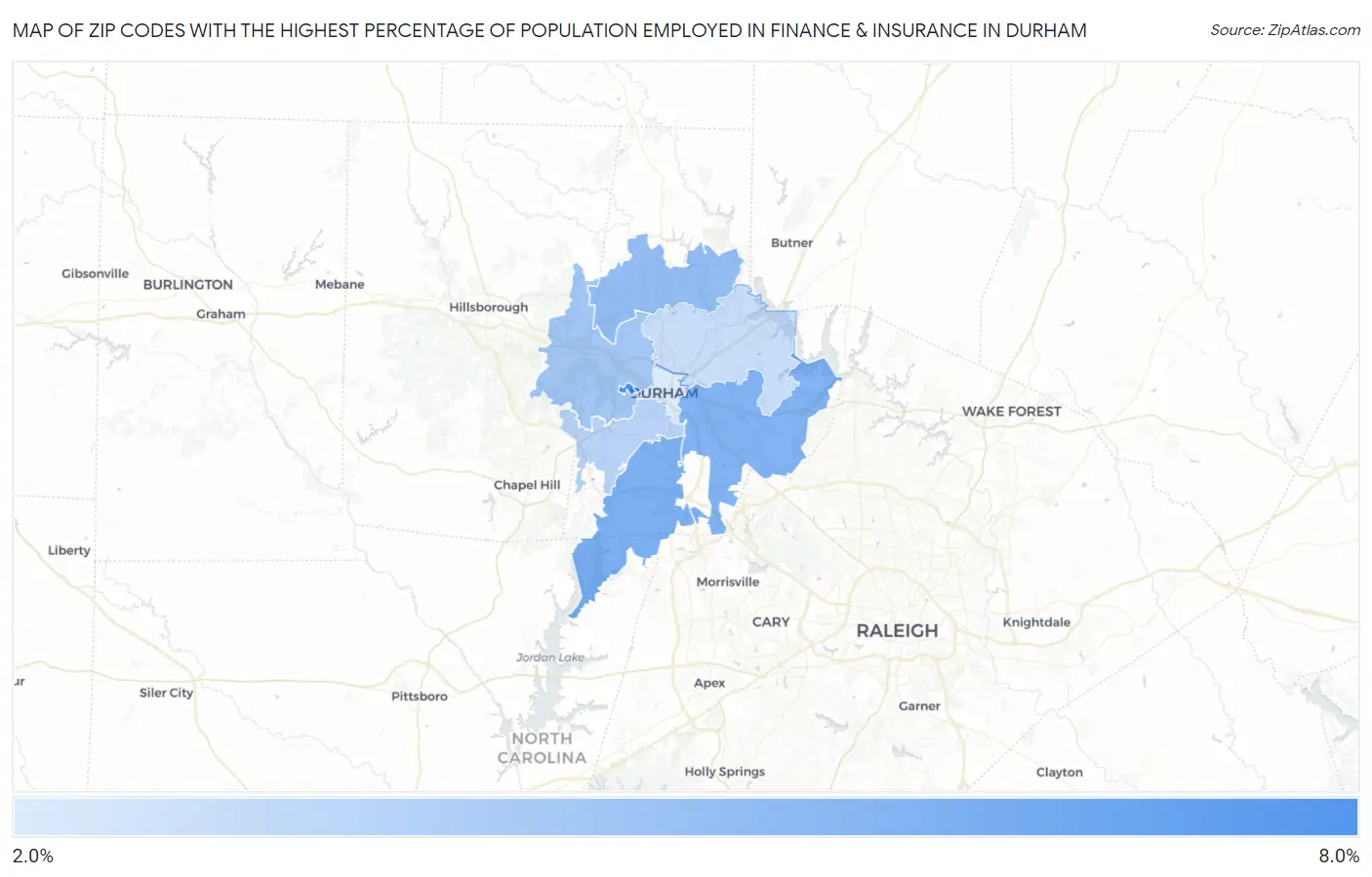 Zip Codes with the Highest Percentage of Population Employed in Finance & Insurance in Durham Map