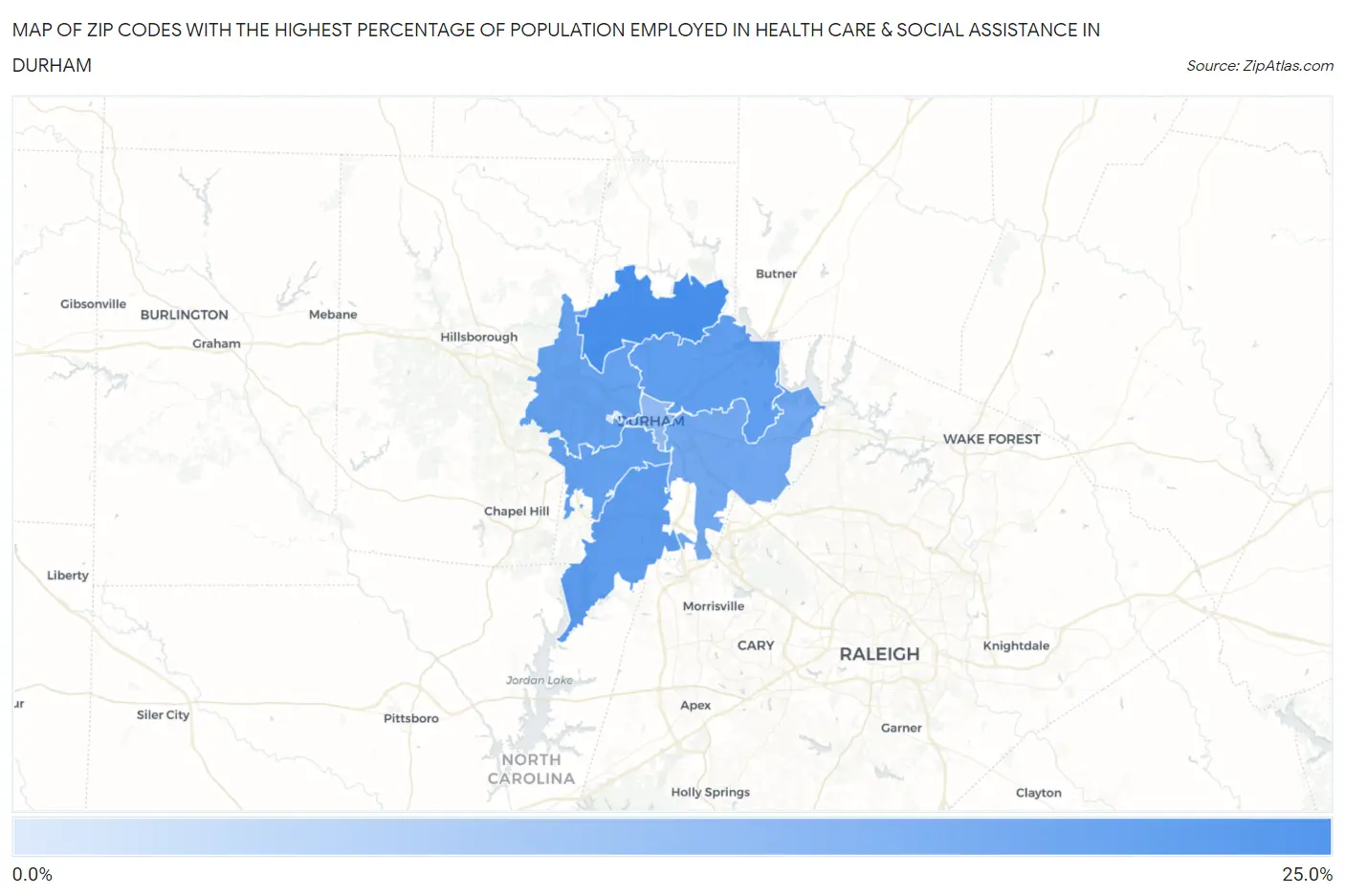 Zip Codes with the Highest Percentage of Population Employed in Health Care & Social Assistance in Durham Map
