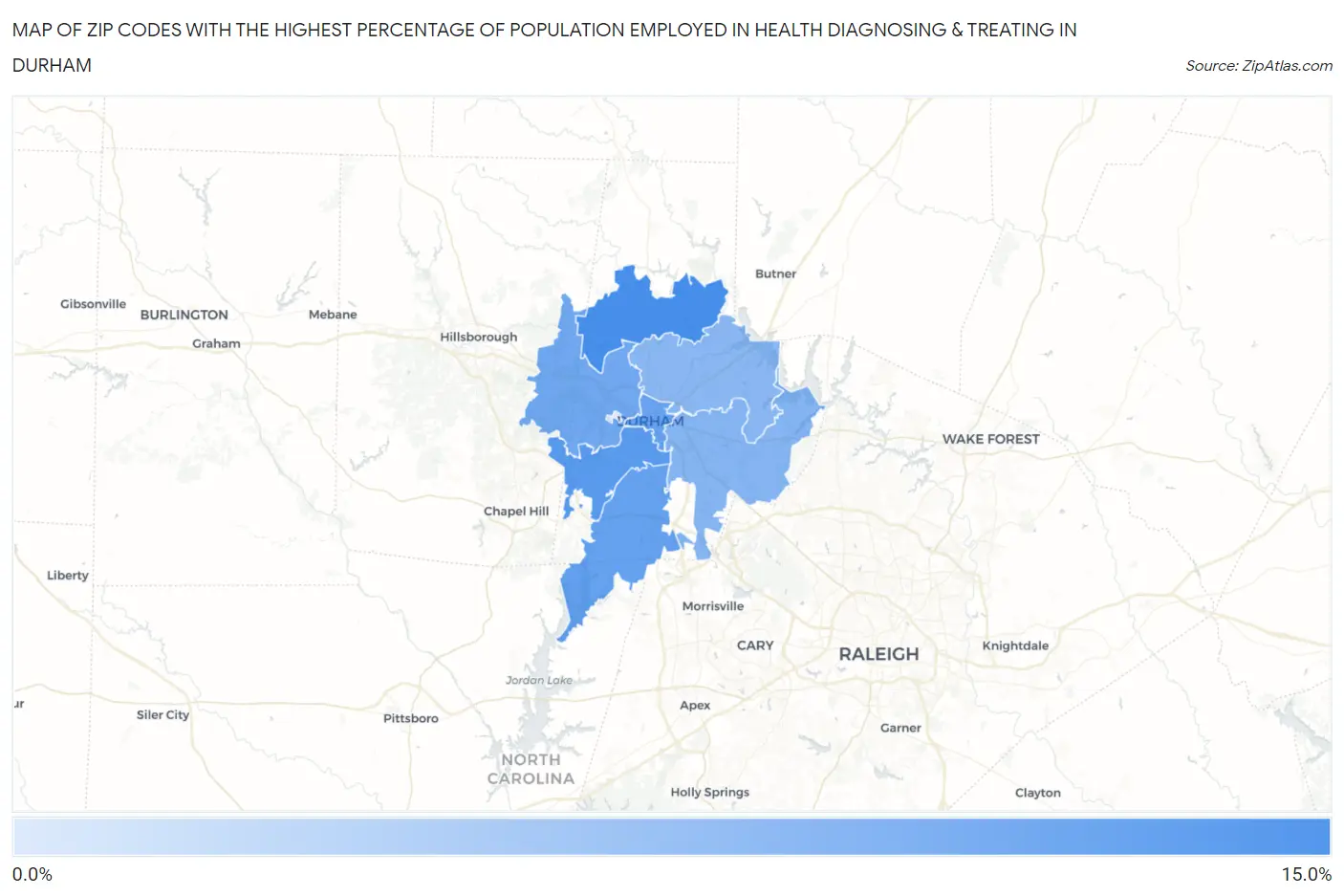 Zip Codes with the Highest Percentage of Population Employed in Health Diagnosing & Treating in Durham Map