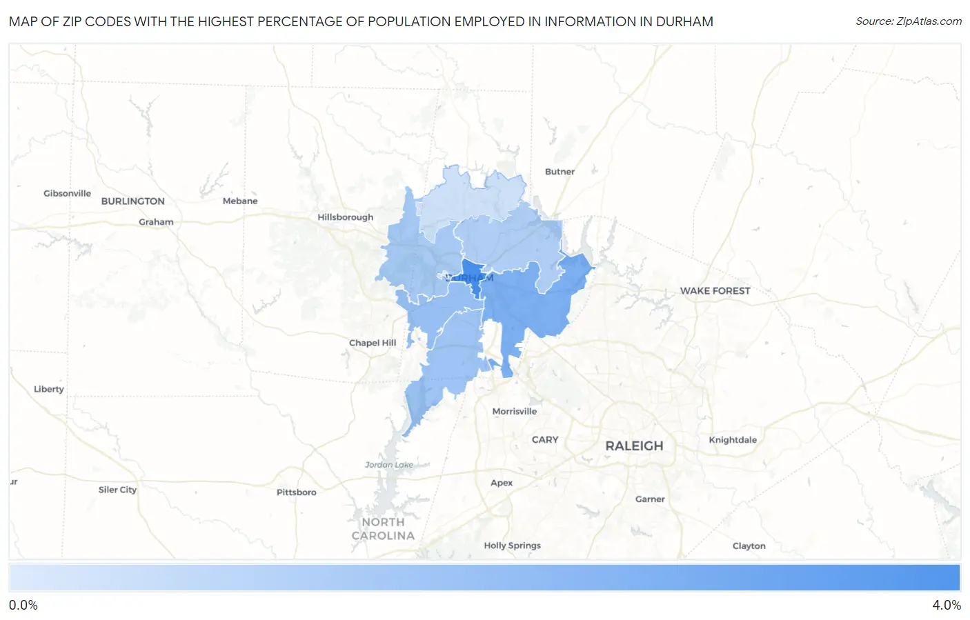 Zip Codes with the Highest Percentage of Population Employed in Information in Durham Map