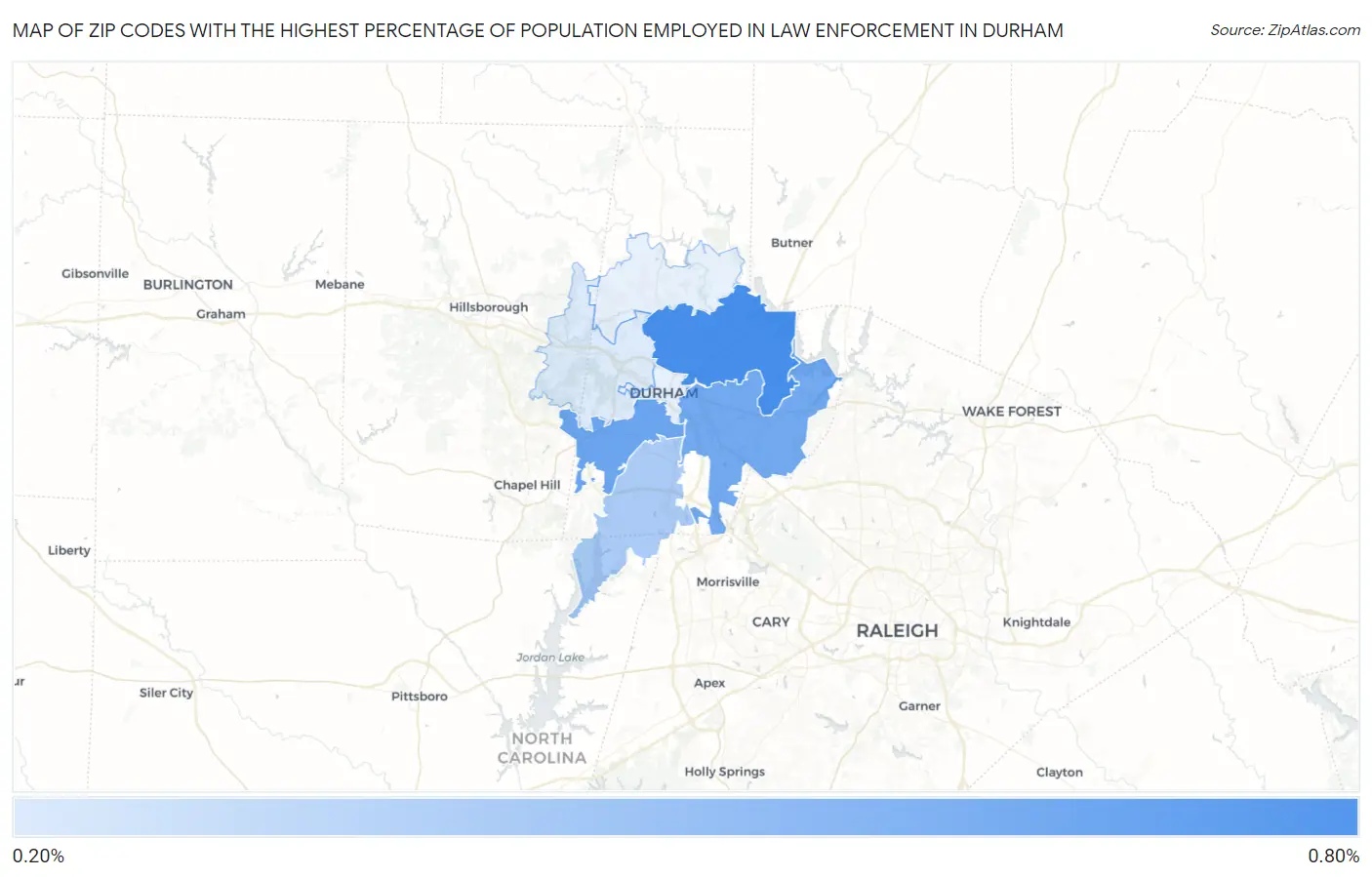 Zip Codes with the Highest Percentage of Population Employed in Law Enforcement in Durham Map