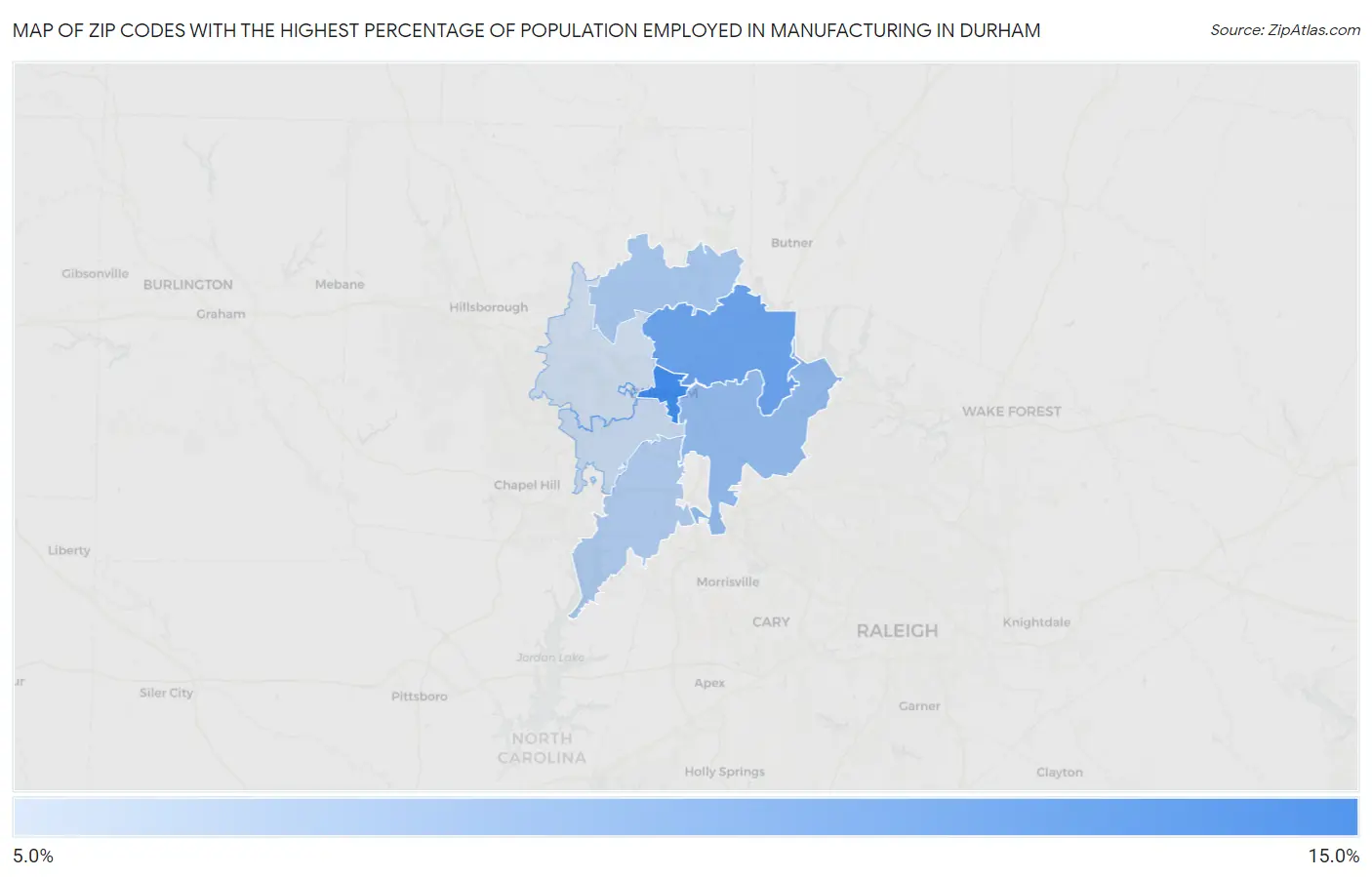 Zip Codes with the Highest Percentage of Population Employed in Manufacturing in Durham Map