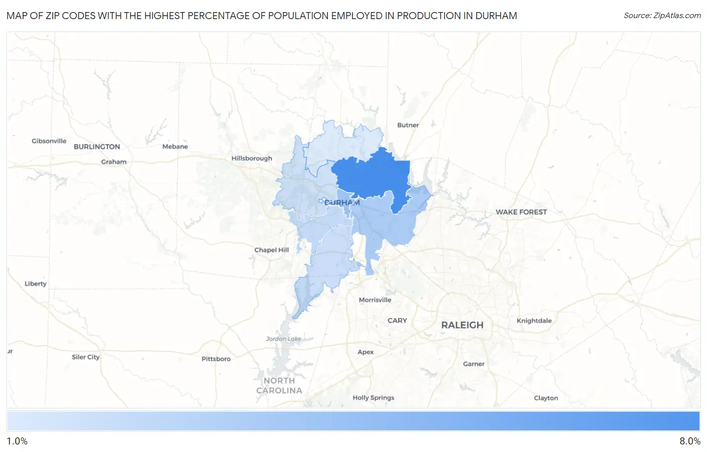 Zip Codes with the Highest Percentage of Population Employed in Production in Durham Map