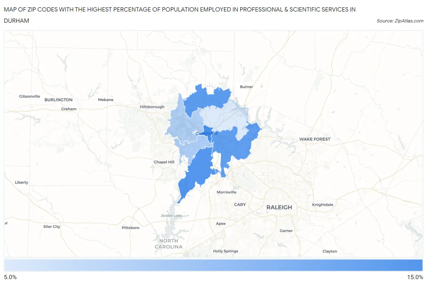 Zip Codes with the Highest Percentage of Population Employed in Professional & Scientific Services in Durham Map