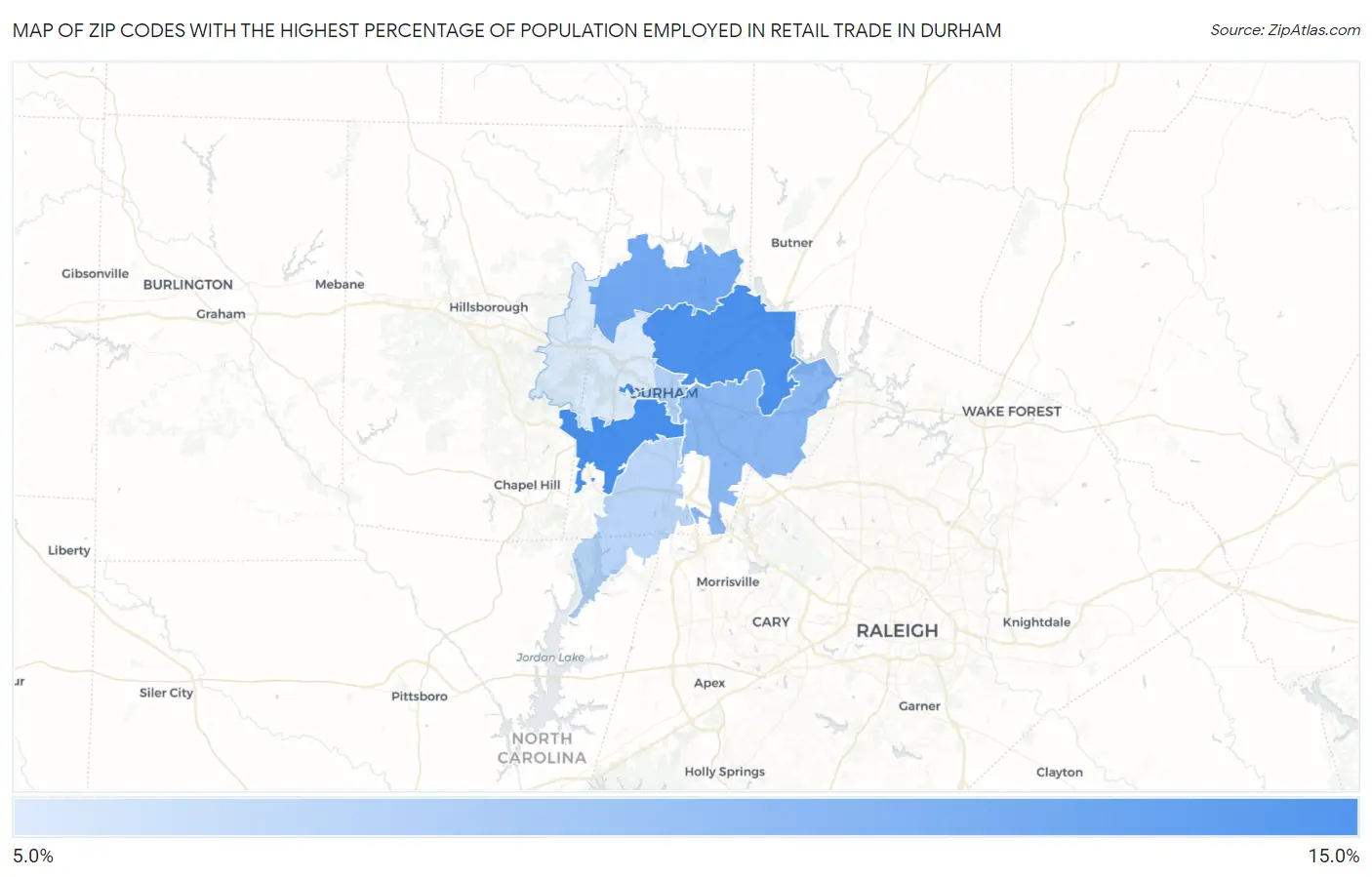 Zip Codes with the Highest Percentage of Population Employed in Retail Trade in Durham Map