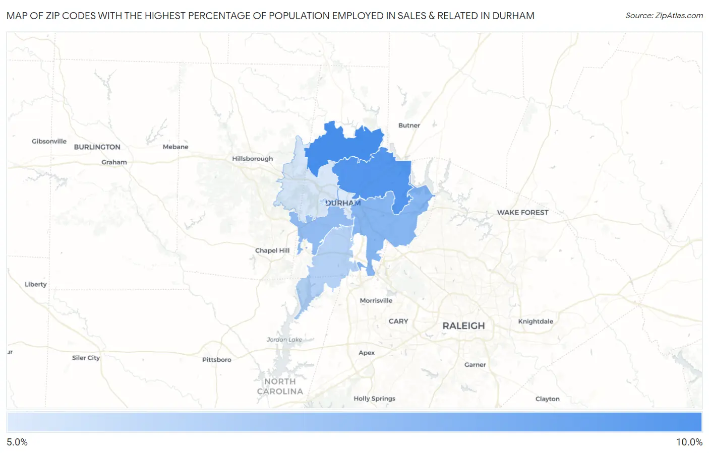 Zip Codes with the Highest Percentage of Population Employed in Sales & Related in Durham Map