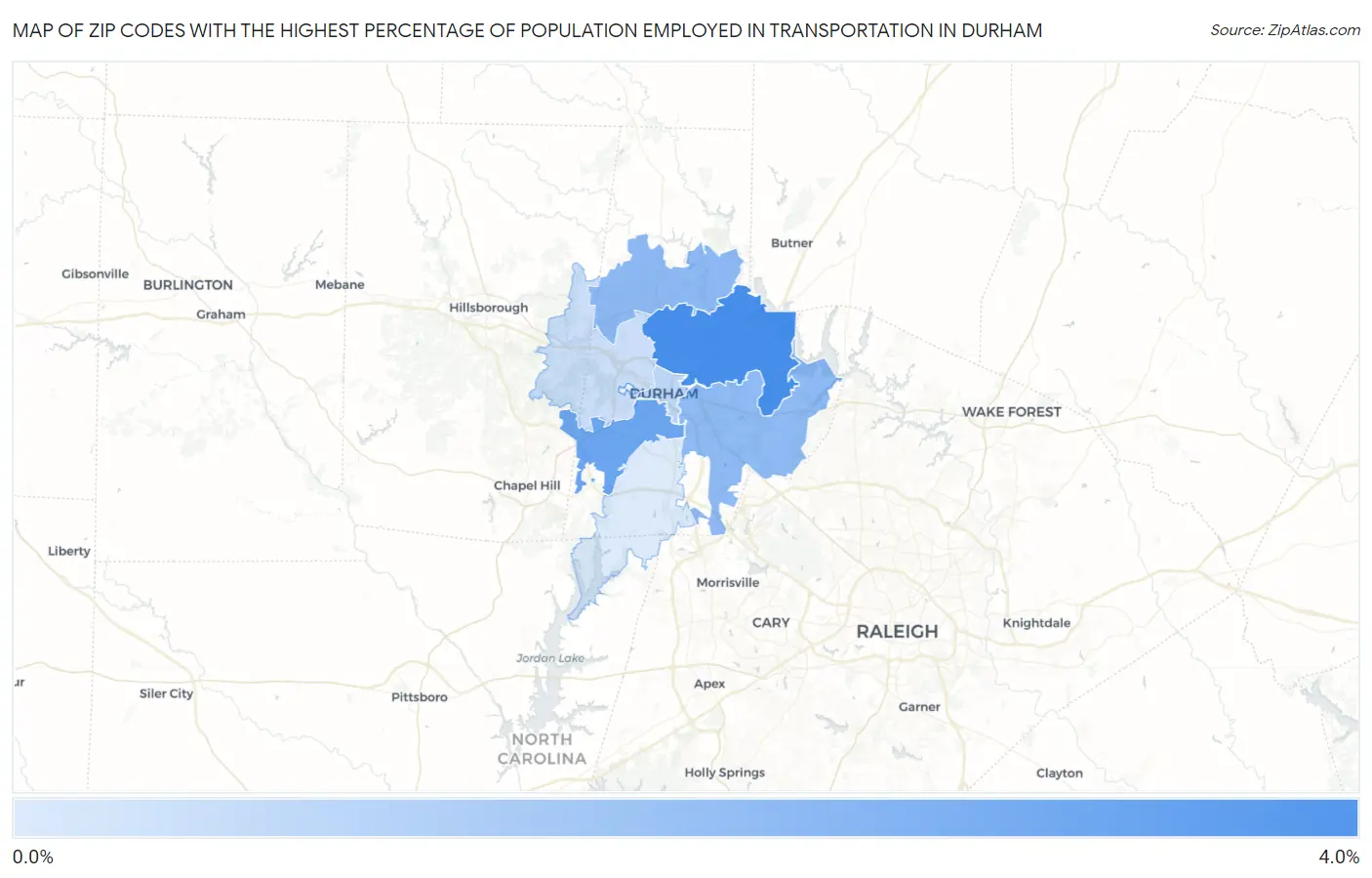 Zip Codes with the Highest Percentage of Population Employed in Transportation in Durham Map