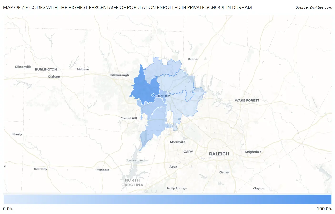 Zip Codes with the Highest Percentage of Population Enrolled in Private School in Durham Map