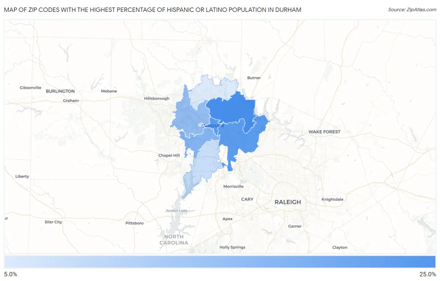 Zip Codes with the Highest Percentage of Hispanic or Latino Population in Durham Map