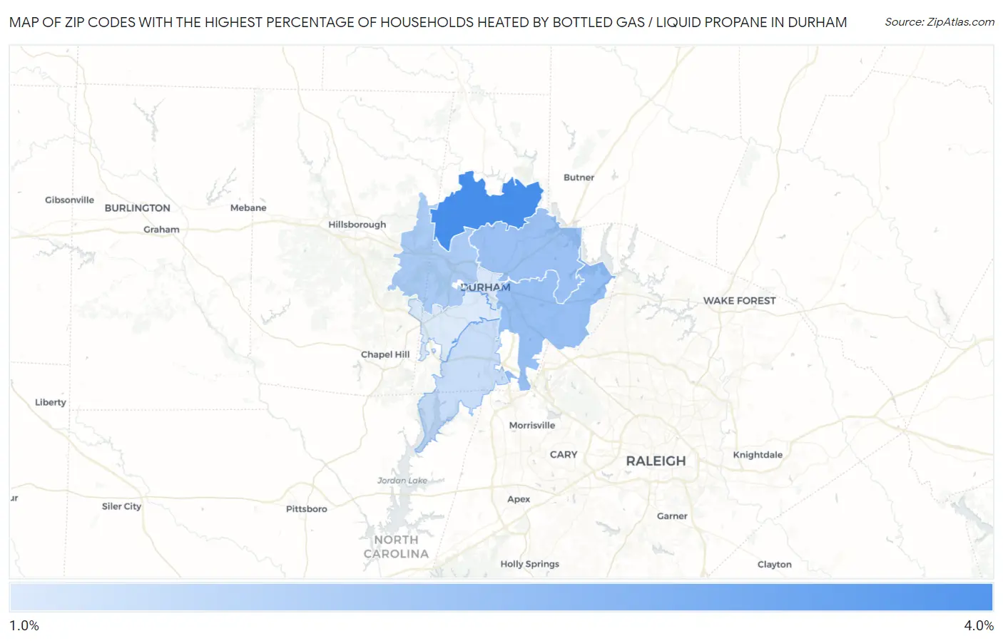 Zip Codes with the Highest Percentage of Households Heated by Bottled Gas / Liquid Propane in Durham Map