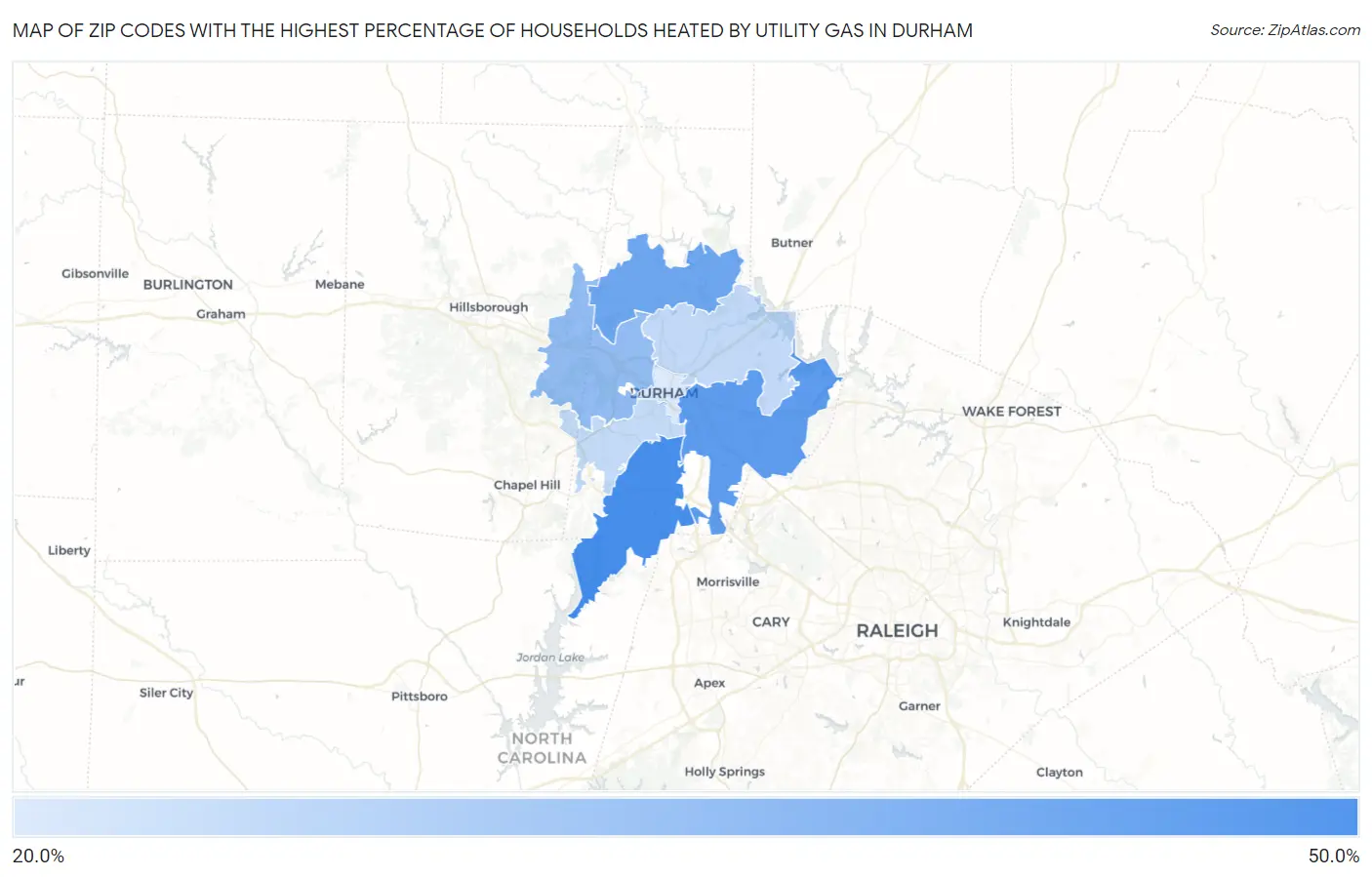 Zip Codes with the Highest Percentage of Households Heated by Utility Gas in Durham Map