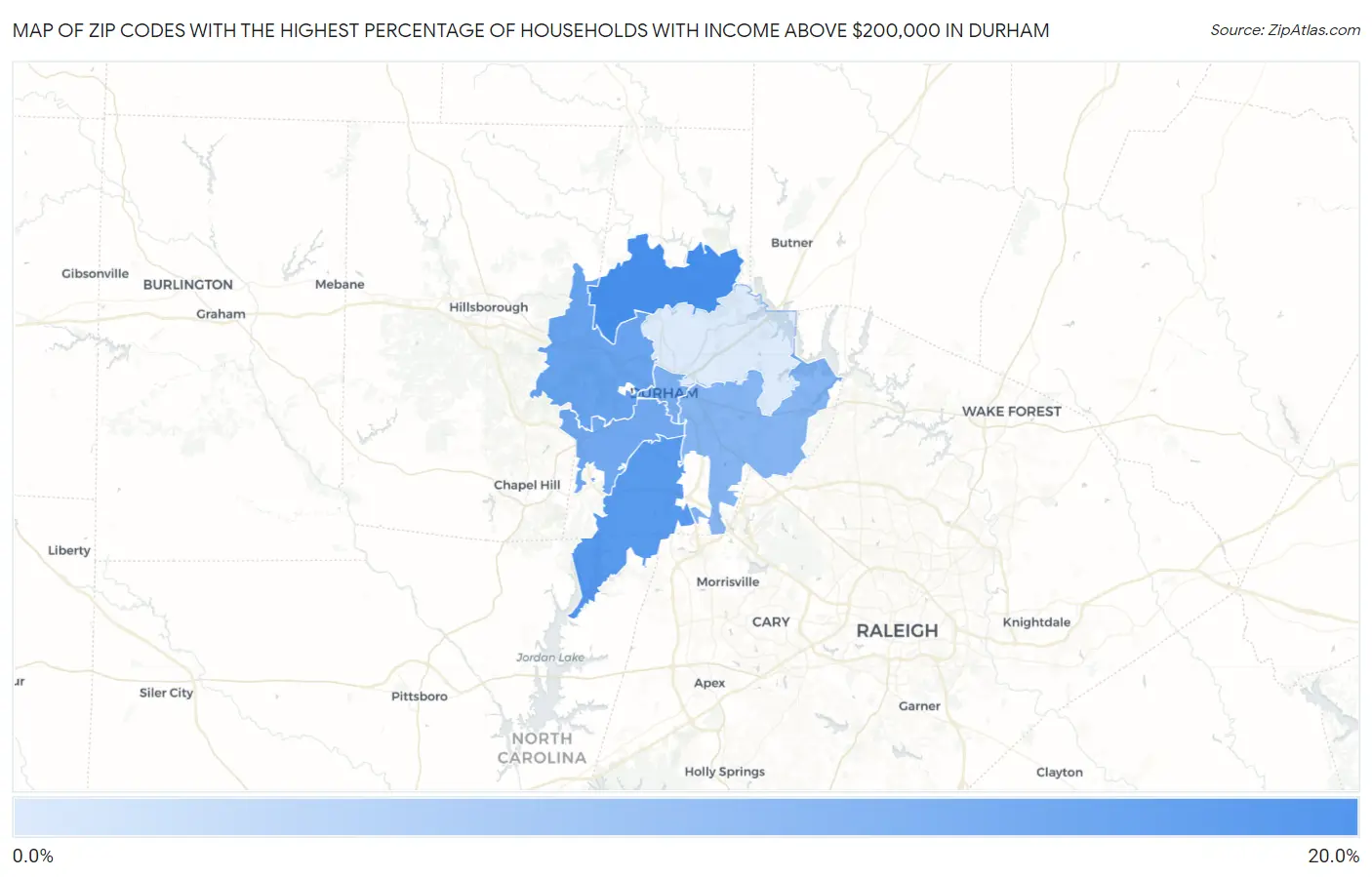 Zip Codes with the Highest Percentage of Households with Income Above $200,000 in Durham Map