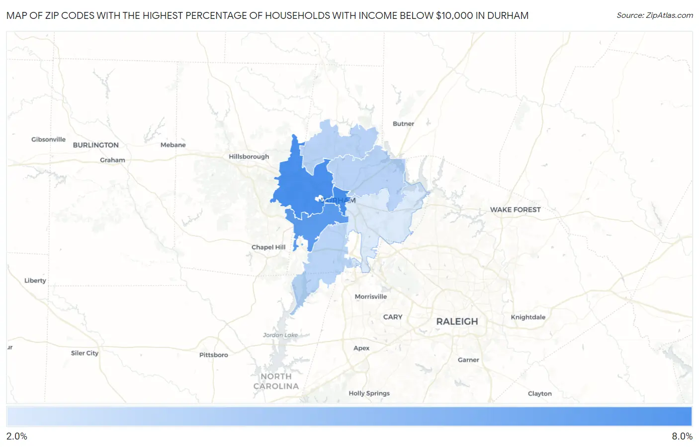 Zip Codes with the Highest Percentage of Households with Income Below $10,000 in Durham Map