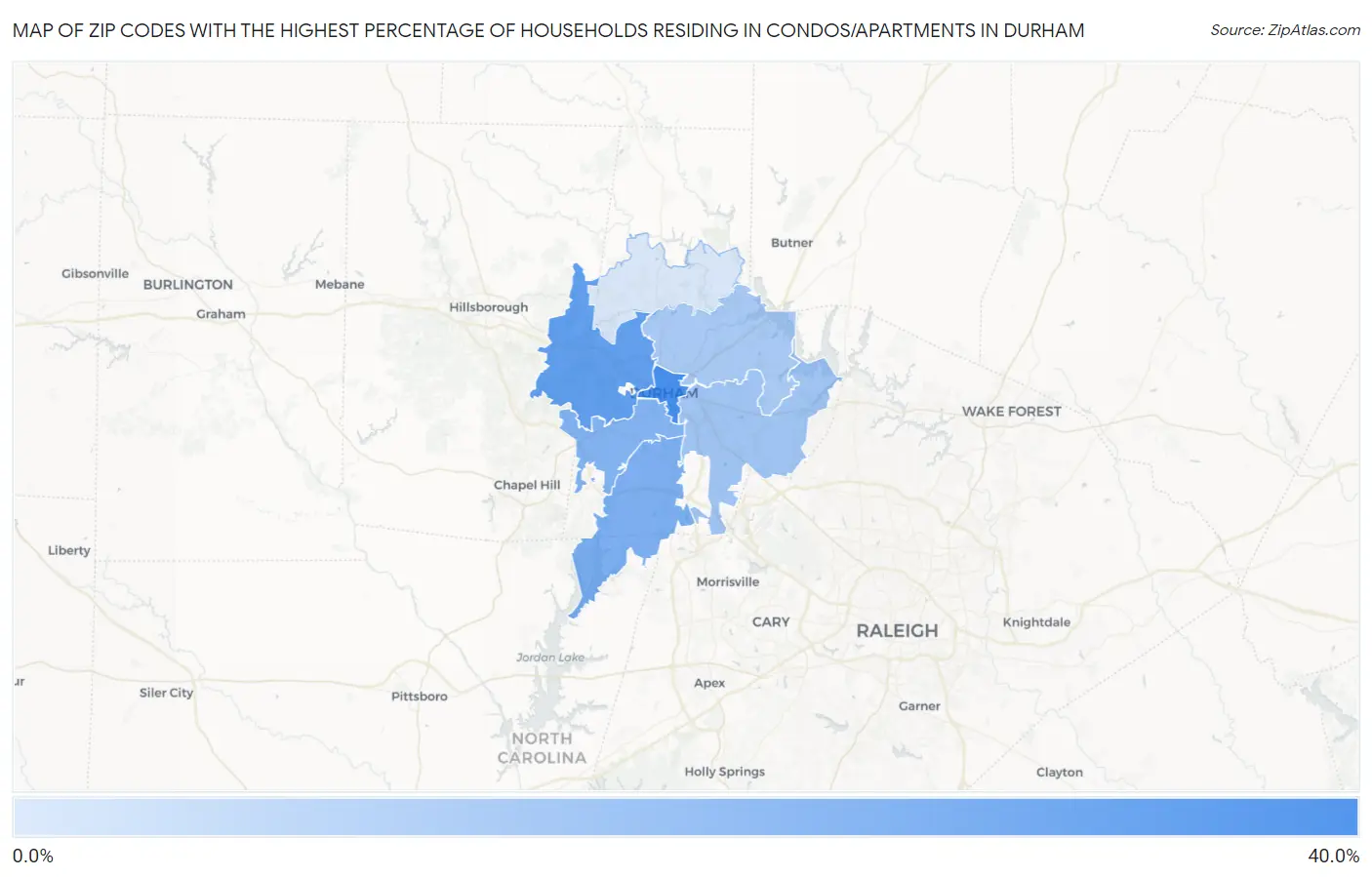 Zip Codes with the Highest Percentage of Households Residing in Condos/Apartments in Durham Map