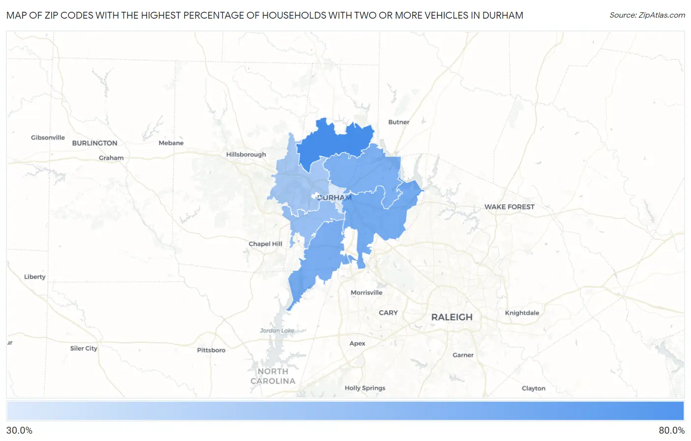 Zip Codes with the Highest Percentage of Households With Two or more Vehicles in Durham Map