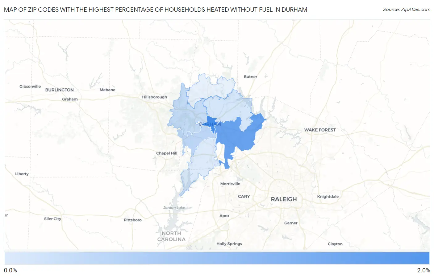 Zip Codes with the Highest Percentage of Households Heated without Fuel in Durham Map