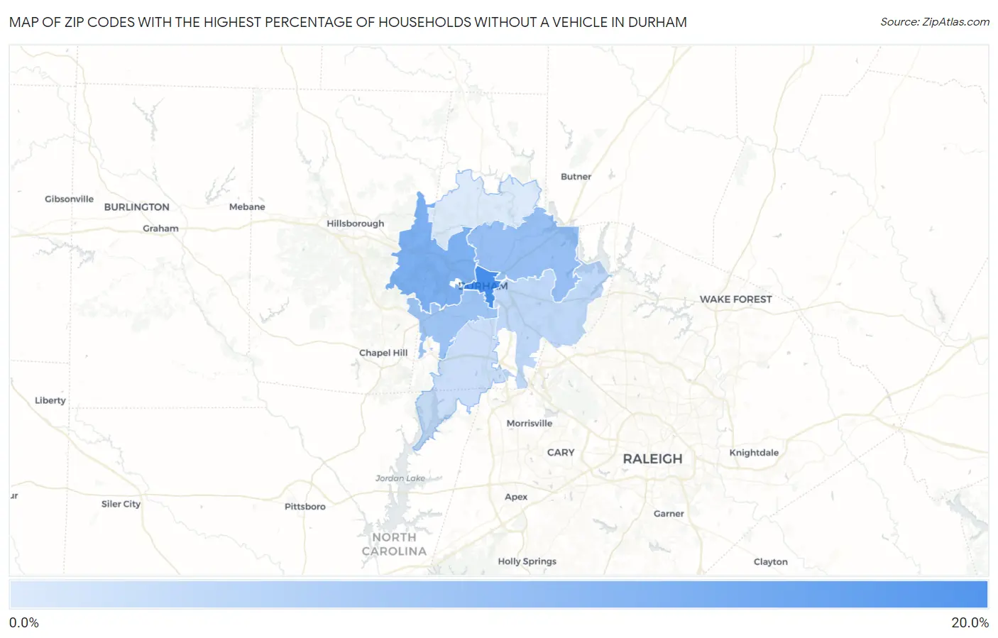 Zip Codes with the Highest Percentage of Households Without a Vehicle in Durham Map