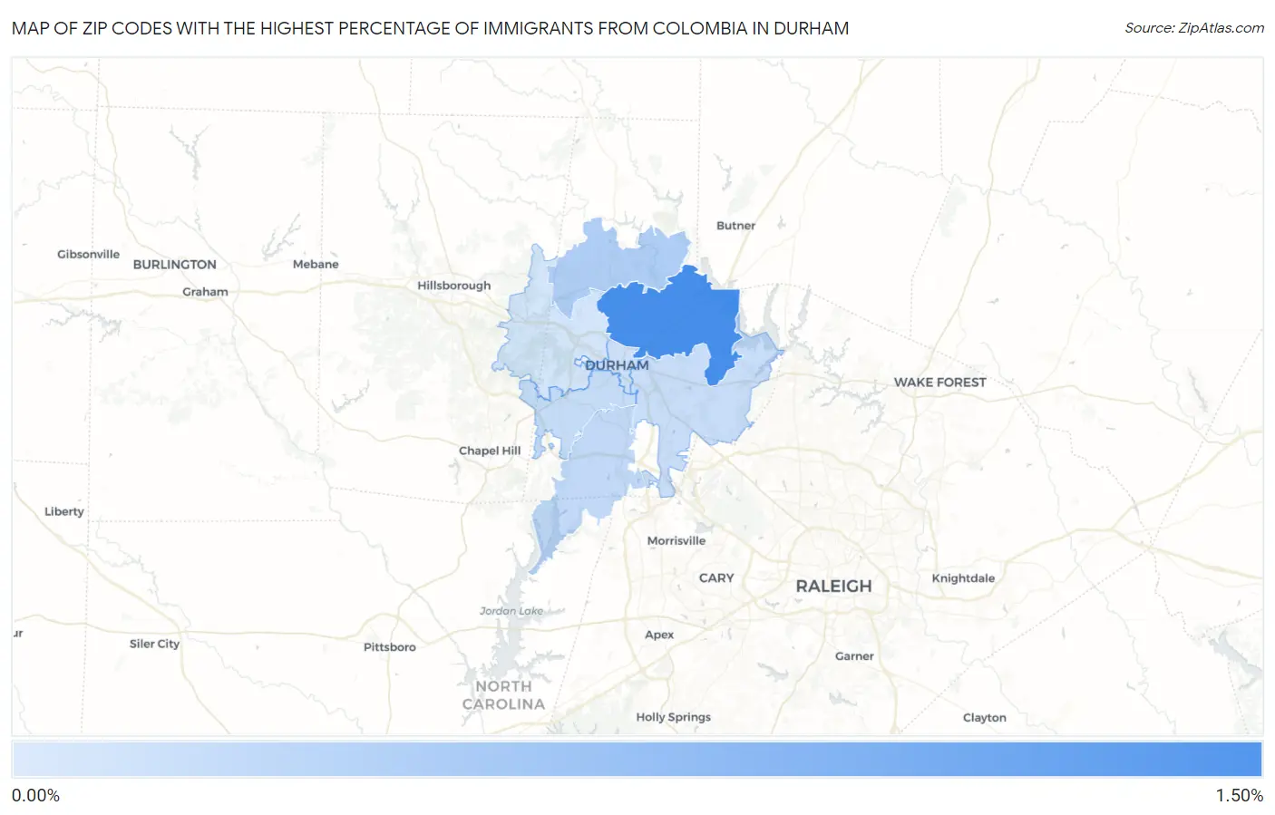 Zip Codes with the Highest Percentage of Immigrants from Colombia in Durham Map