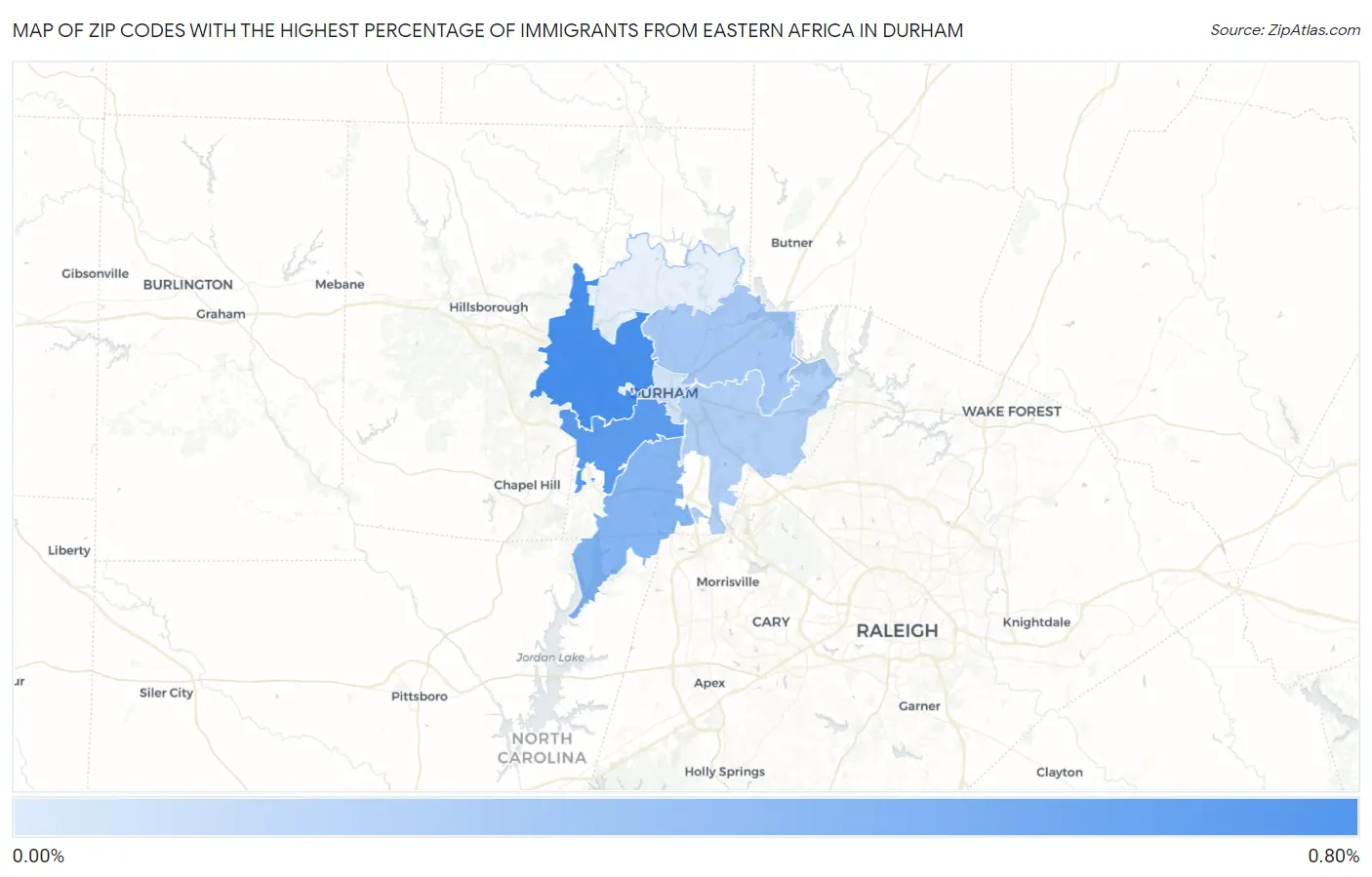 Zip Codes with the Highest Percentage of Immigrants from Eastern Africa in Durham Map