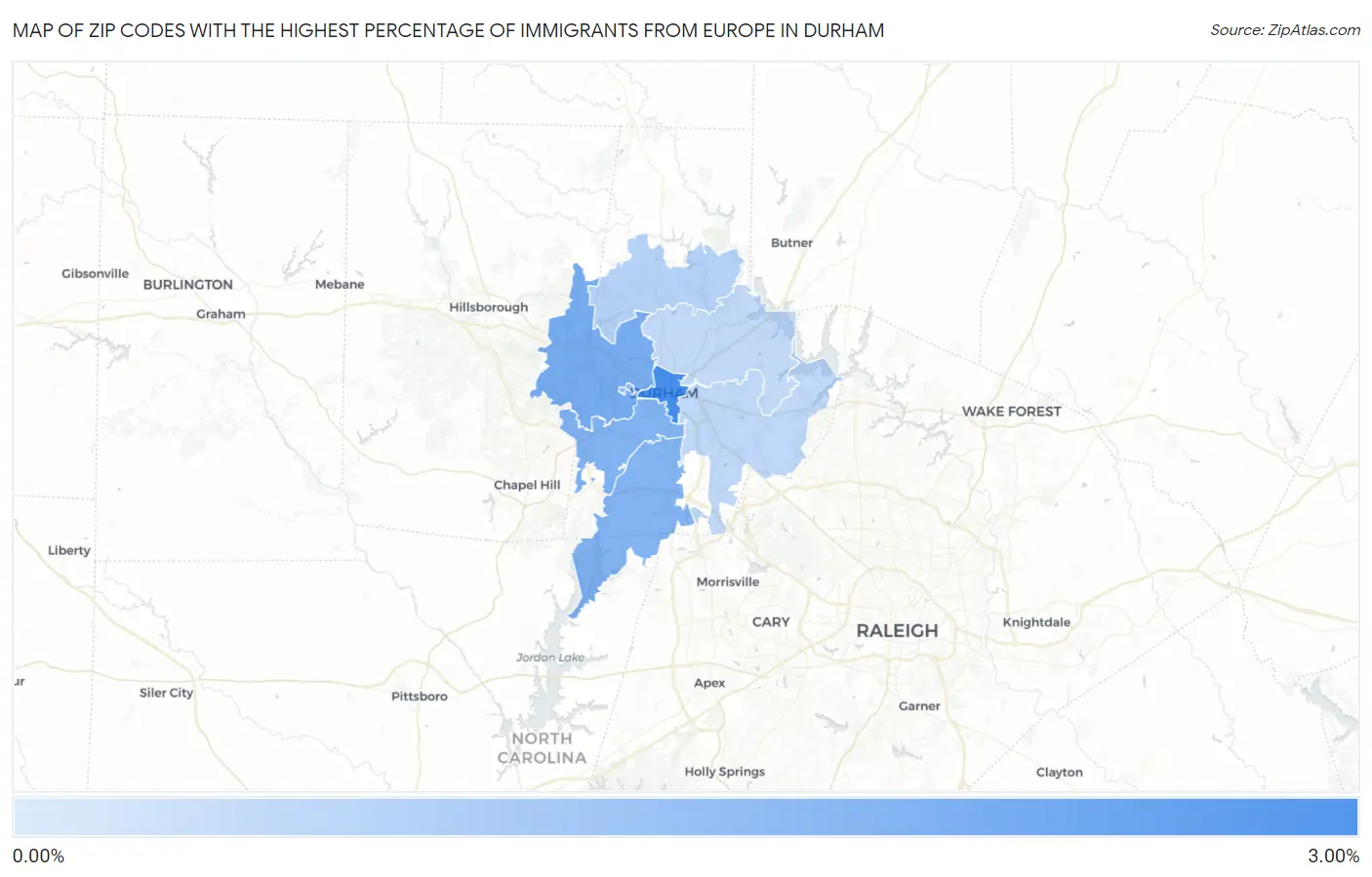 Zip Codes with the Highest Percentage of Immigrants from Europe in Durham Map