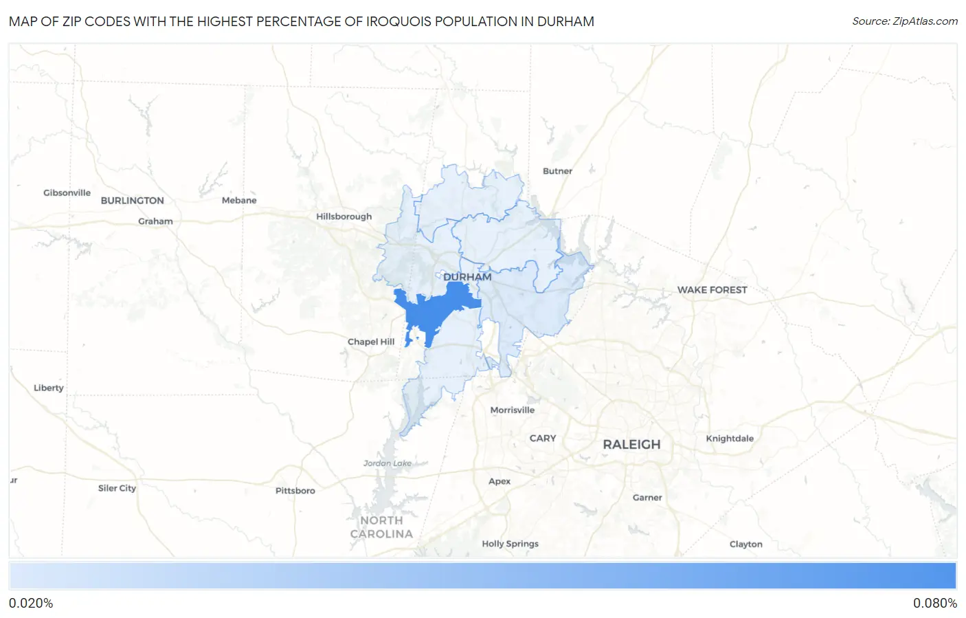 Zip Codes with the Highest Percentage of Iroquois Population in Durham Map