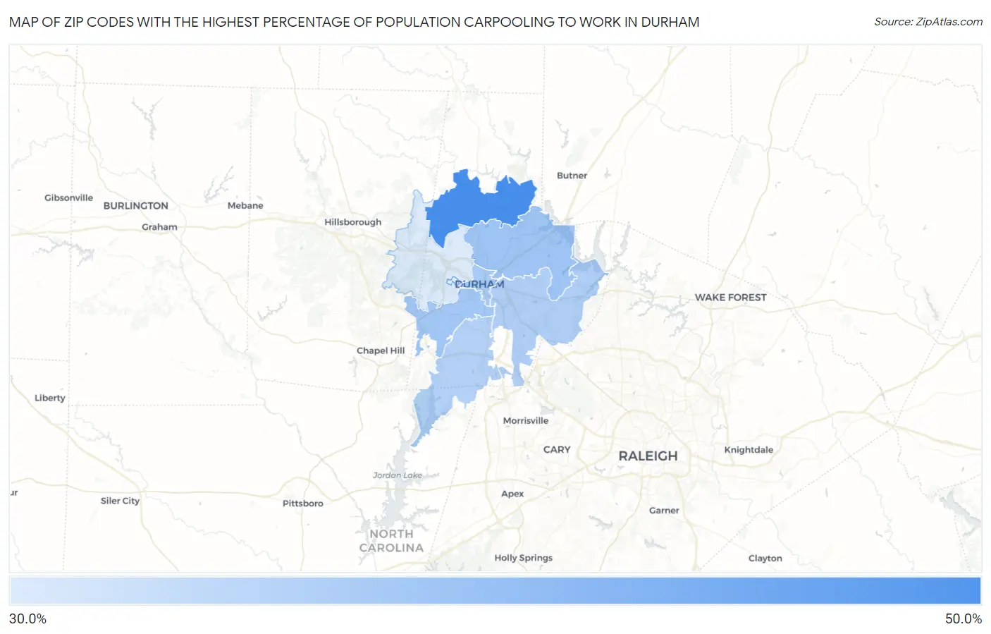 Zip Codes with the Highest Percentage of Population Carpooling to Work in Durham Map