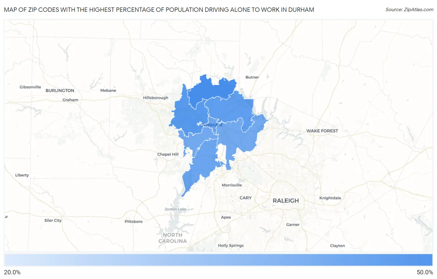 Zip Codes with the Highest Percentage of Population Driving Alone to Work in Durham Map