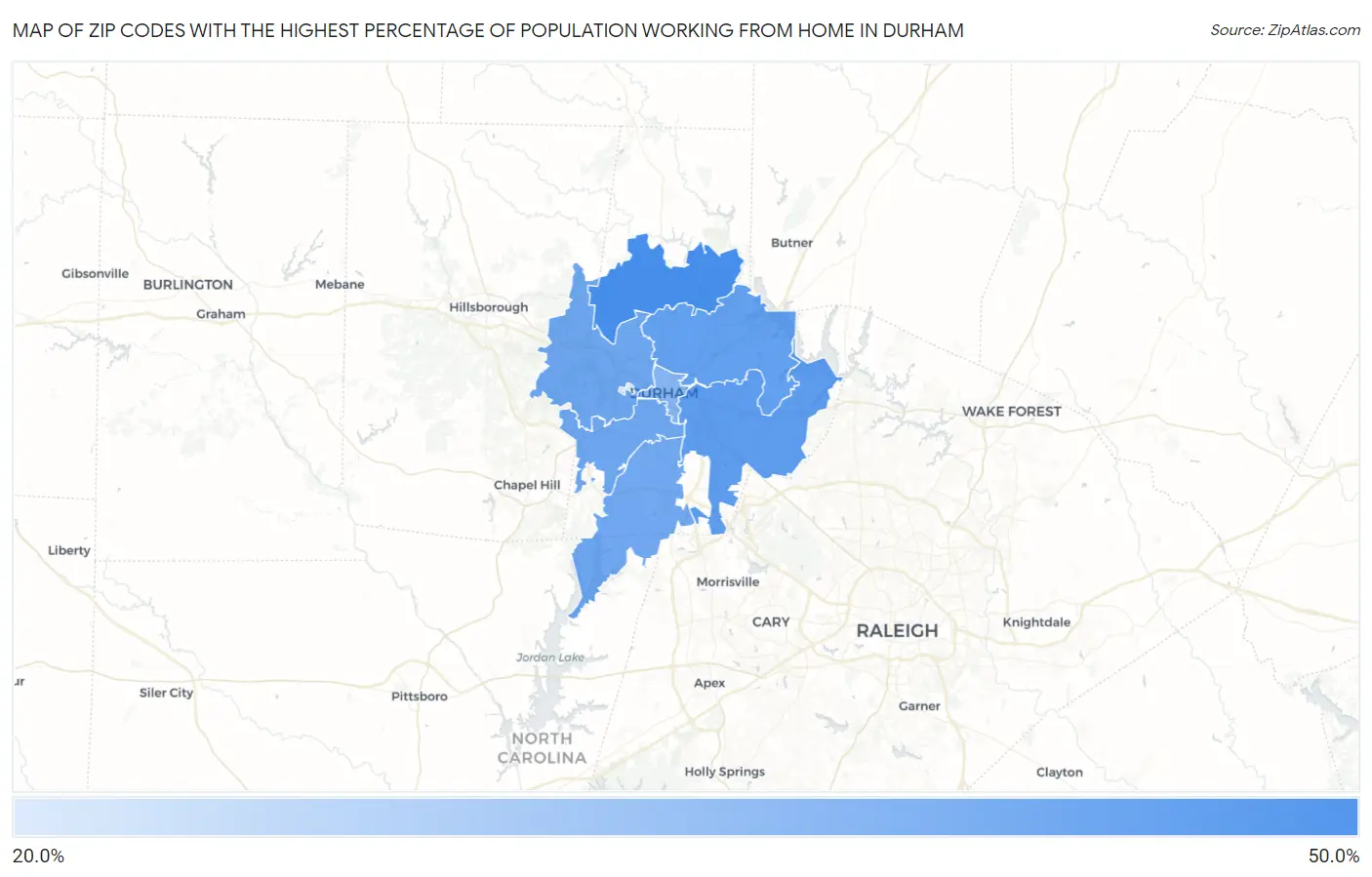 Zip Codes with the Highest Percentage of Population Working from Home in Durham Map