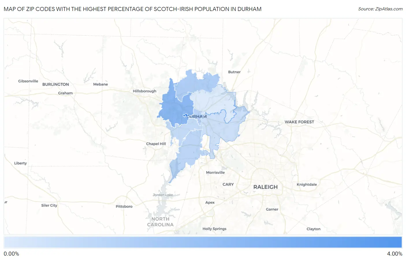 Zip Codes with the Highest Percentage of Scotch-Irish Population in Durham Map