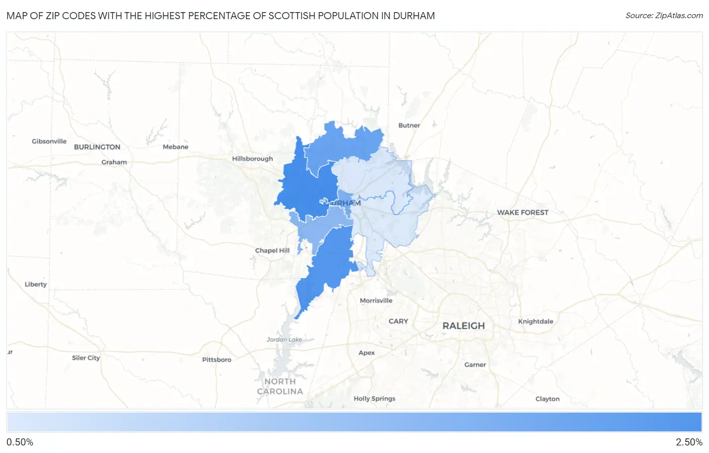 Zip Codes with the Highest Percentage of Scottish Population in Durham Map