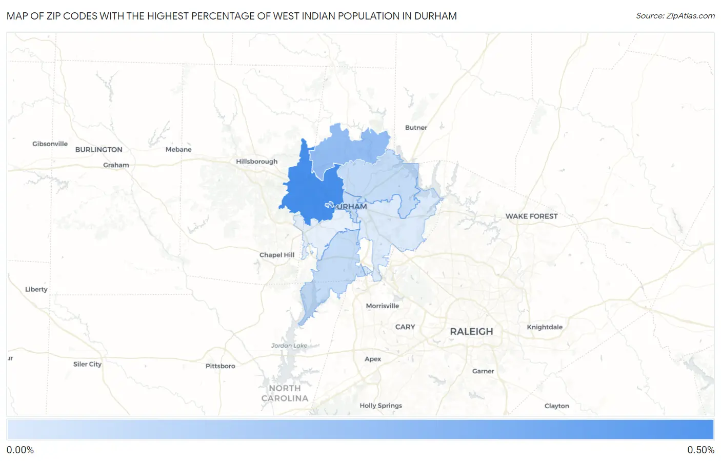 Zip Codes with the Highest Percentage of West Indian Population in Durham Map