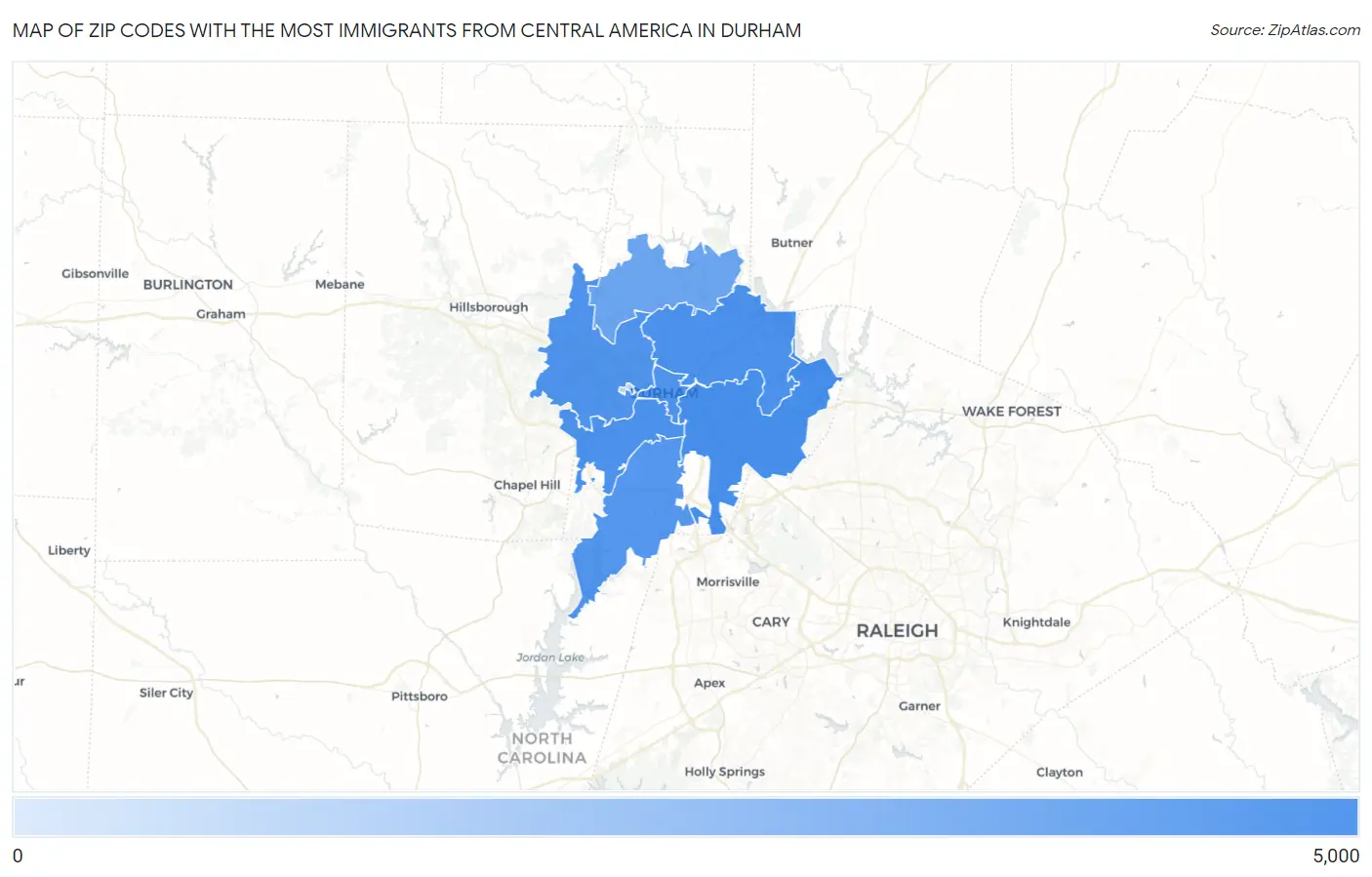 Zip Codes with the Most Immigrants from Central America in Durham Map