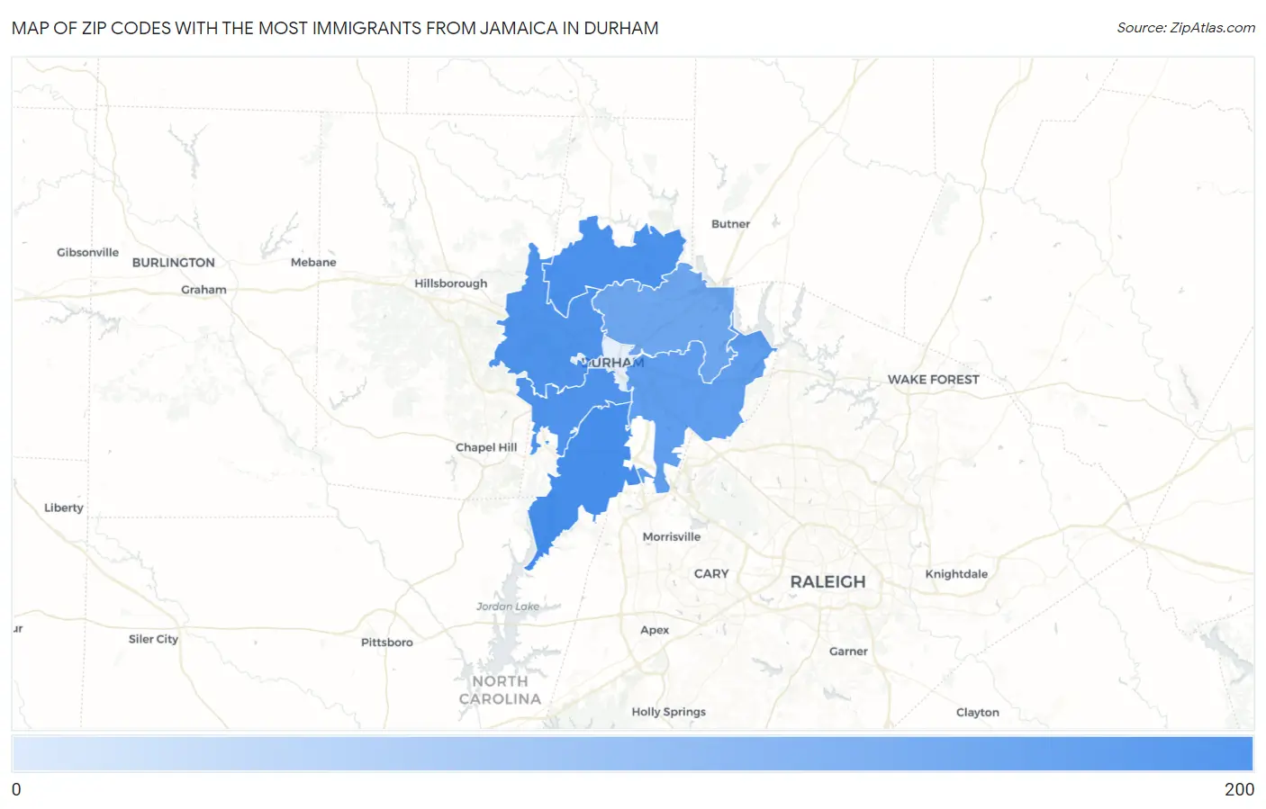 Zip Codes with the Most Immigrants from Jamaica in Durham Map